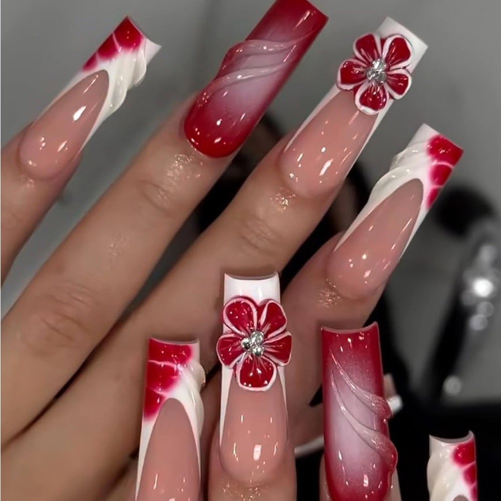 Red and White Floral Nail Art